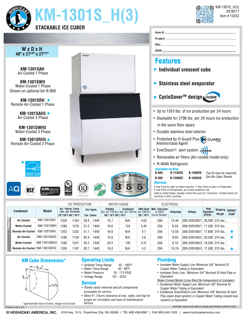 Página 1 del manual Ficha técnica Hoshizaki KM-1301SRH3