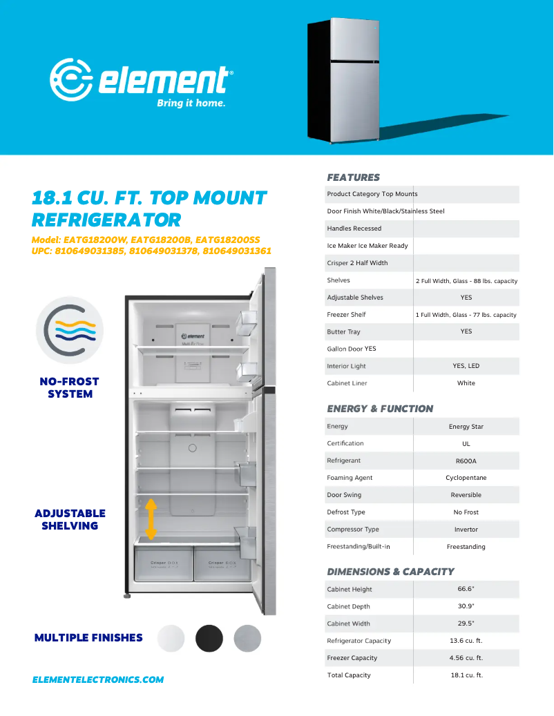 Page 1 de la notice Fiche technique Element EATG18200W