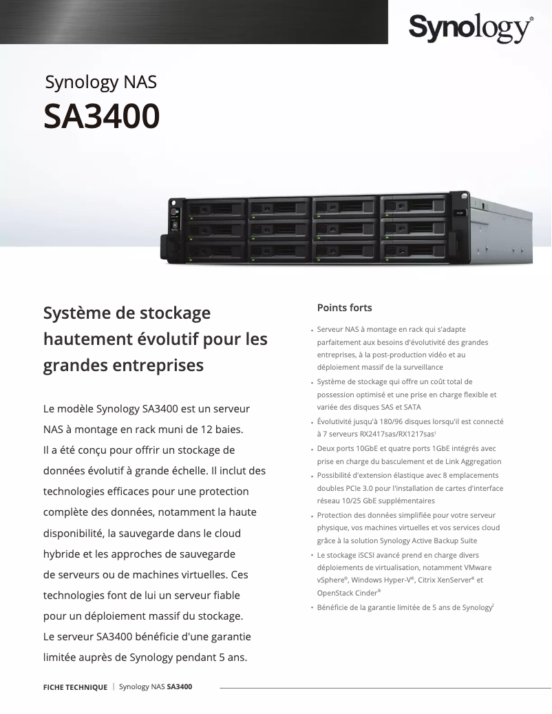 Page 1 de la notice Fiche technique Synology SA3400