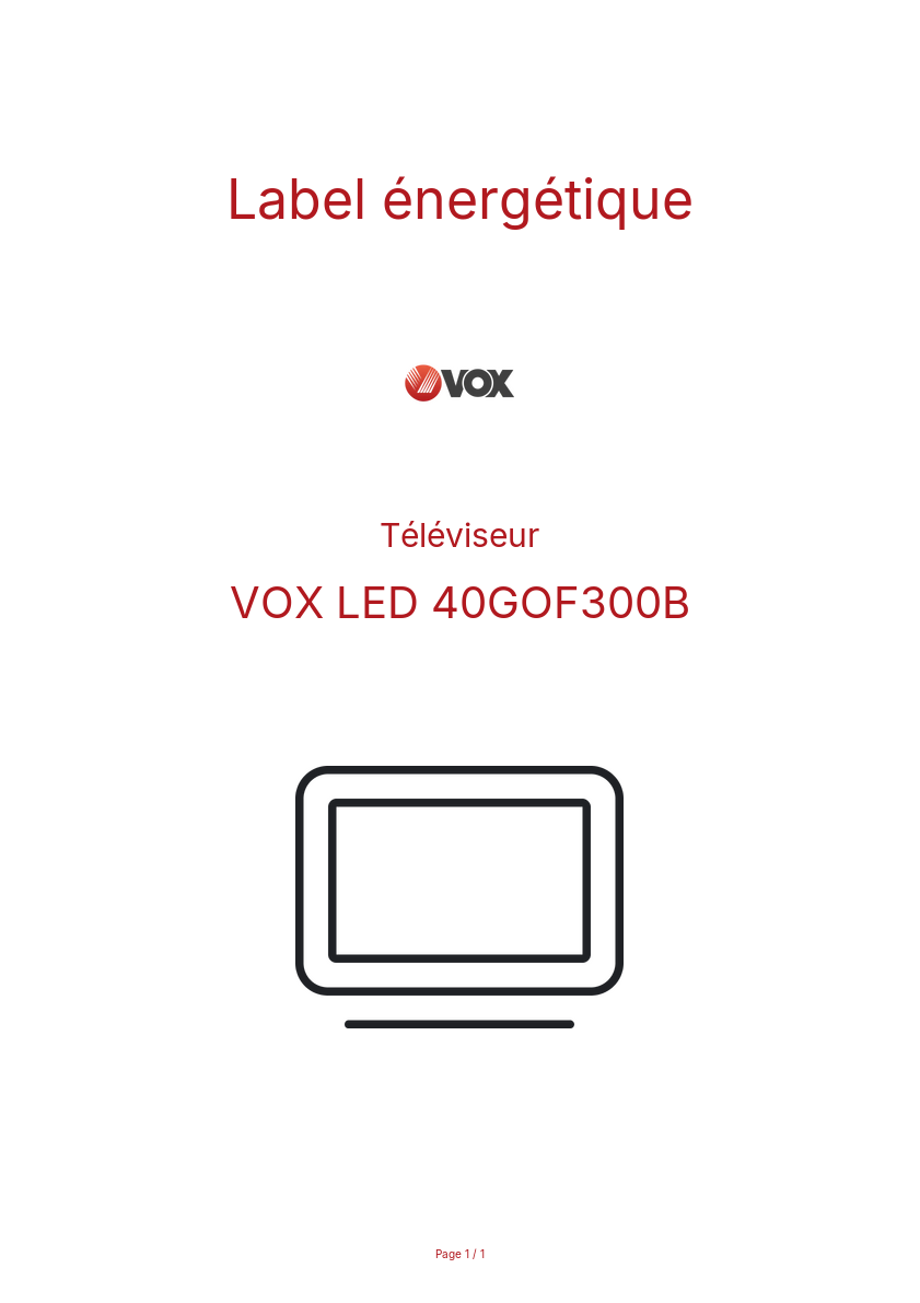 Page n°1 - Label énergétique VOX LED 40GOF300B