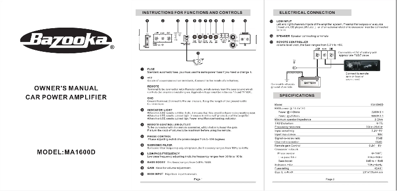 Page n°1 - Manuel utilisateur Bazooka MA1600D