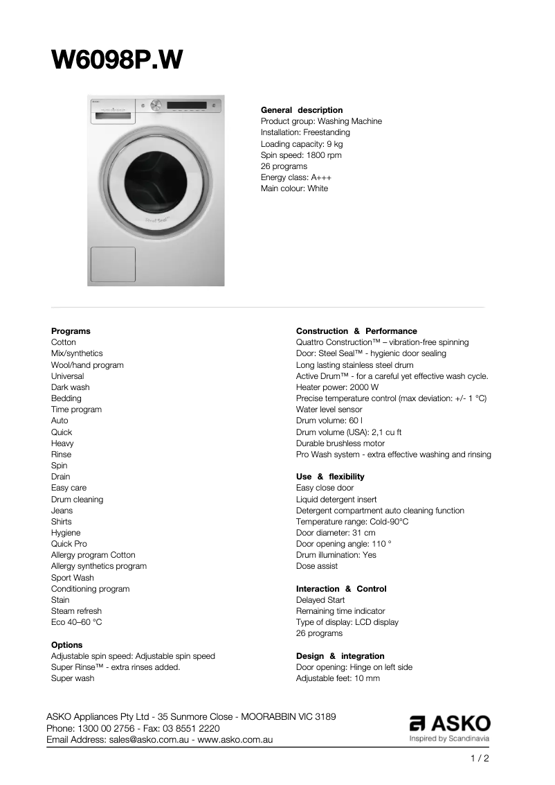 Page n°1 - Fiche technique Asko W6098P
