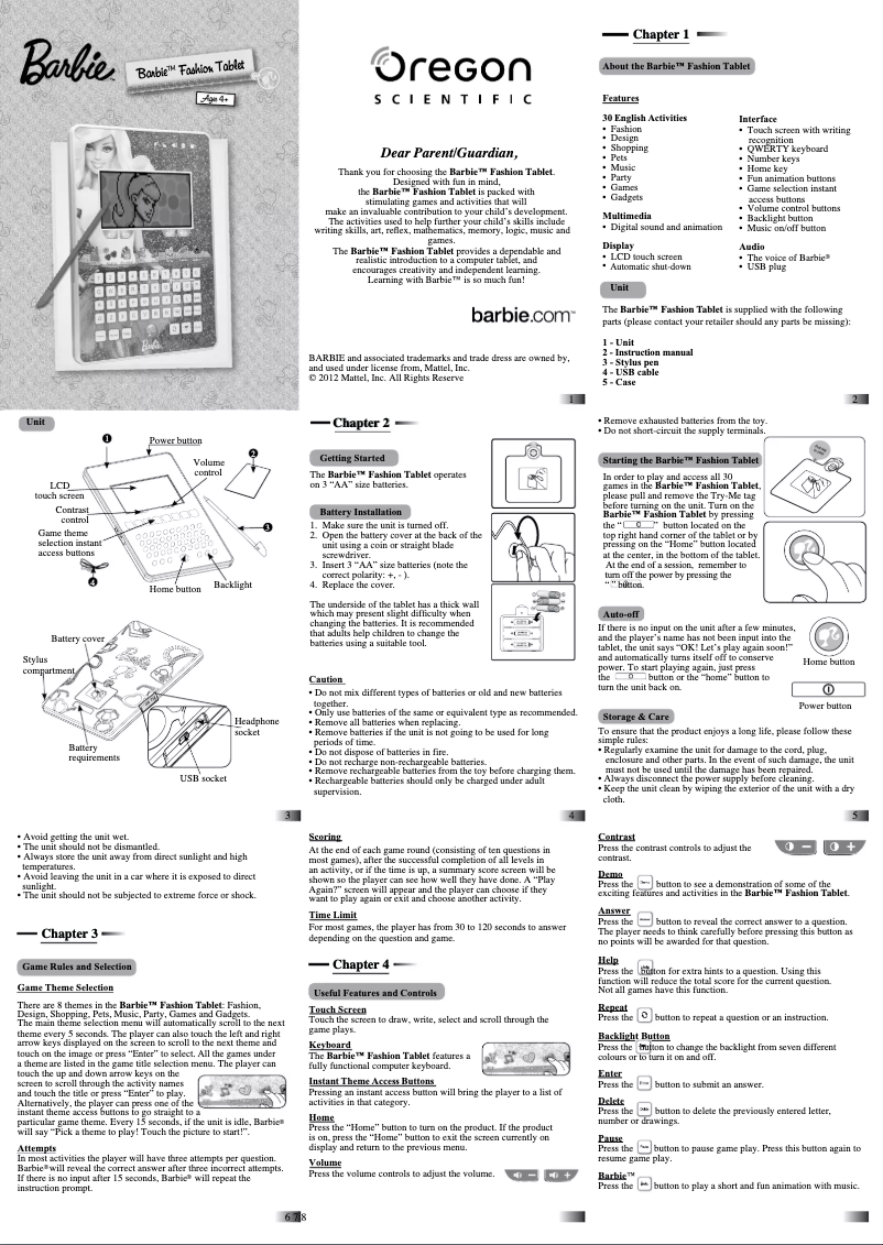 Page 1 de la notice Manuel utilisateur Oregon Scientific Barbie Fashion Tablet