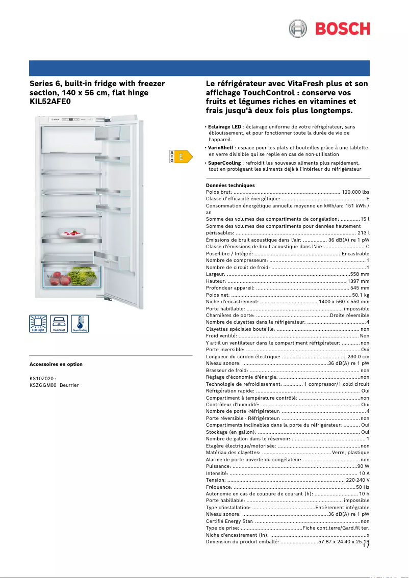 Página 1 del manual Ficha técnica Bosch KIL52AFE0