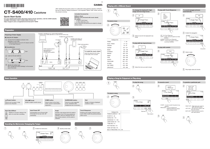 Page 1 de la notice Guide de démarrage rapide Casio Casiotone CT-S410