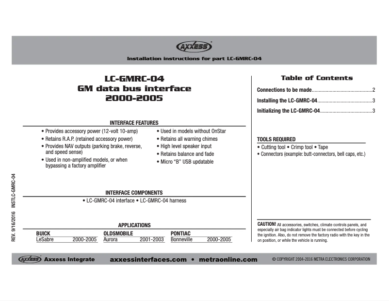 Image de la première page du manuel de l'appareil Axxess LC-GMRC-04