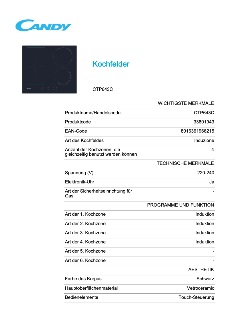 Page 1 de la notice Fiche technique Candy CTP643C