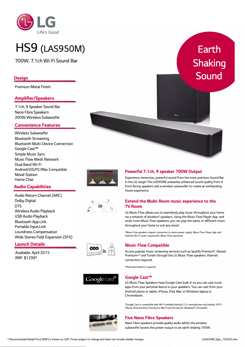 Page 1 de la notice Fiche technique LG LAS950M