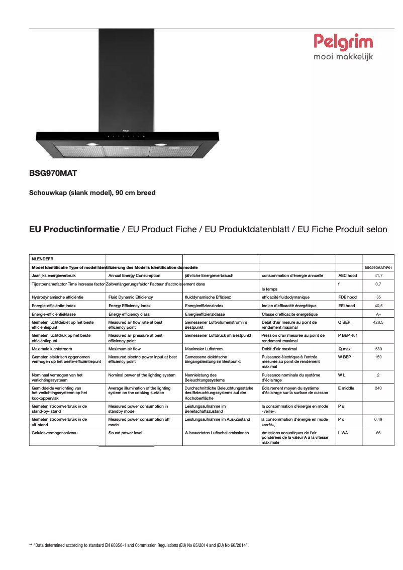 Page 1 de la notice Fiche technique Pelgrim BSG970MAT