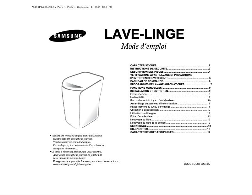 Page 1 de la notice Manuel utilisateur Samsung WA90F3