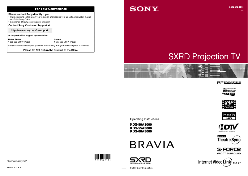 Page 1 de la notice Manuel utilisateur Sony Bravia KDS-60A3000