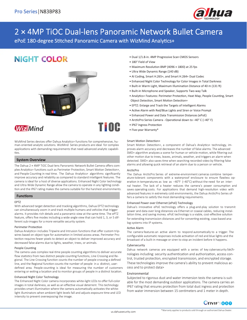 Page 1 de la notice Fiche technique Dahua Technology N83BP83