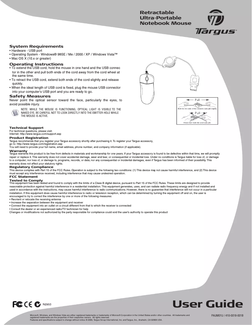 Page 1 de la notice Manuel utilisateur Targus PAUM01U
