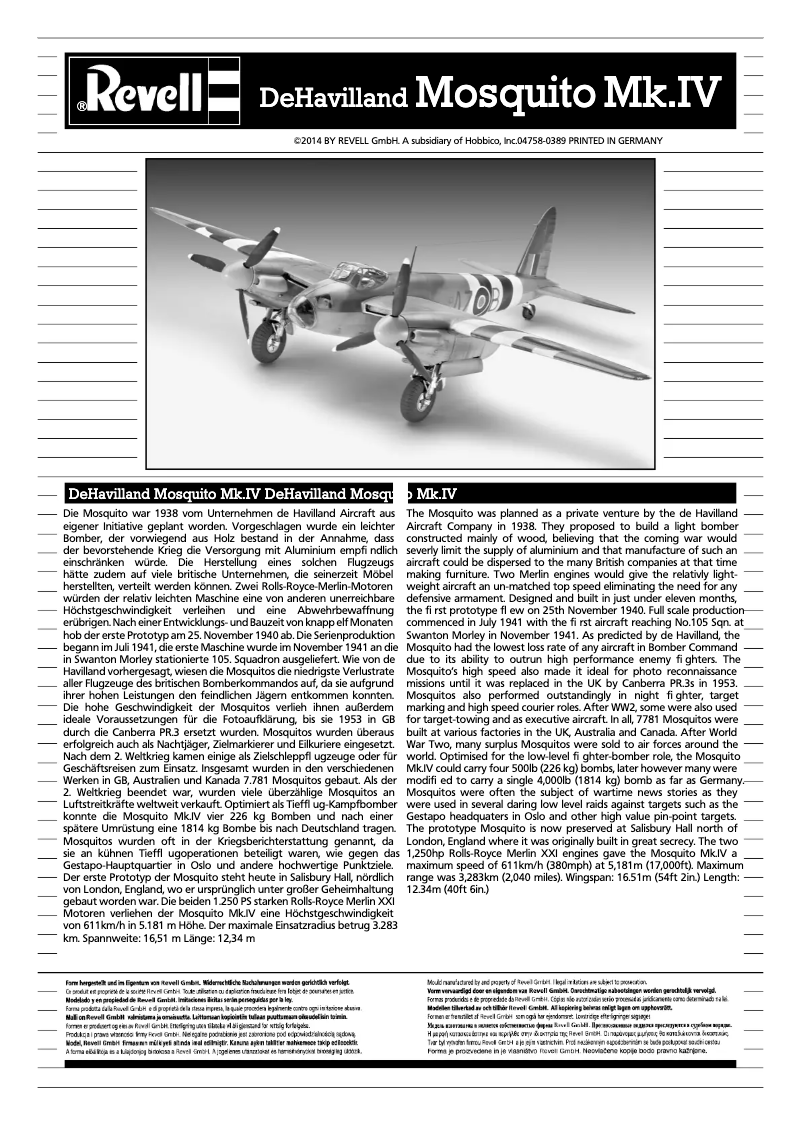 Page 1 de la notice Manuel utilisateur Revell De Havilland MOSQUITO MK.IV