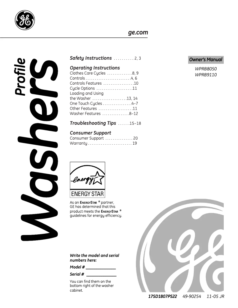 Página 1 del manual Manual de uso y mantenimiento GE Profile WPRB9110DWW