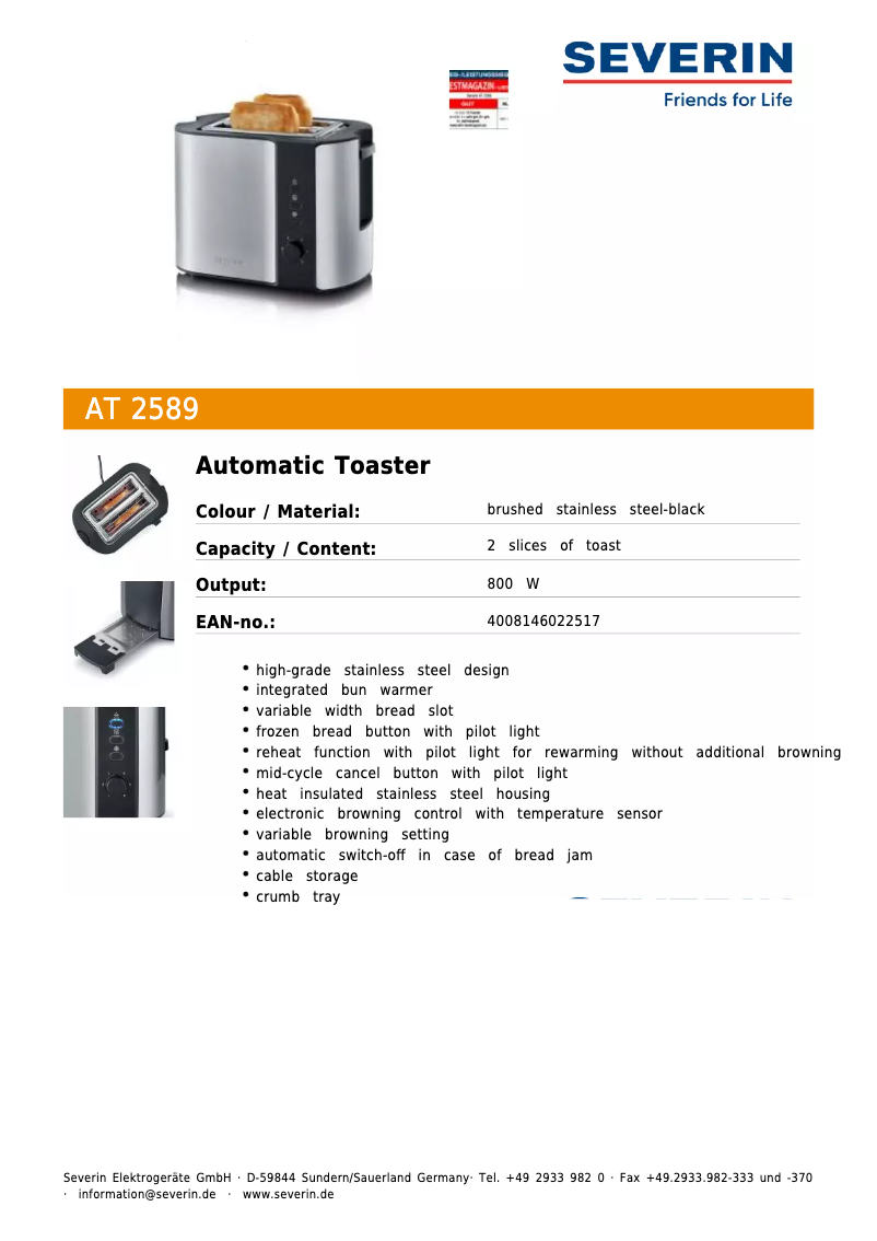 Page n°1 - Fiche technique Severin AT 2589