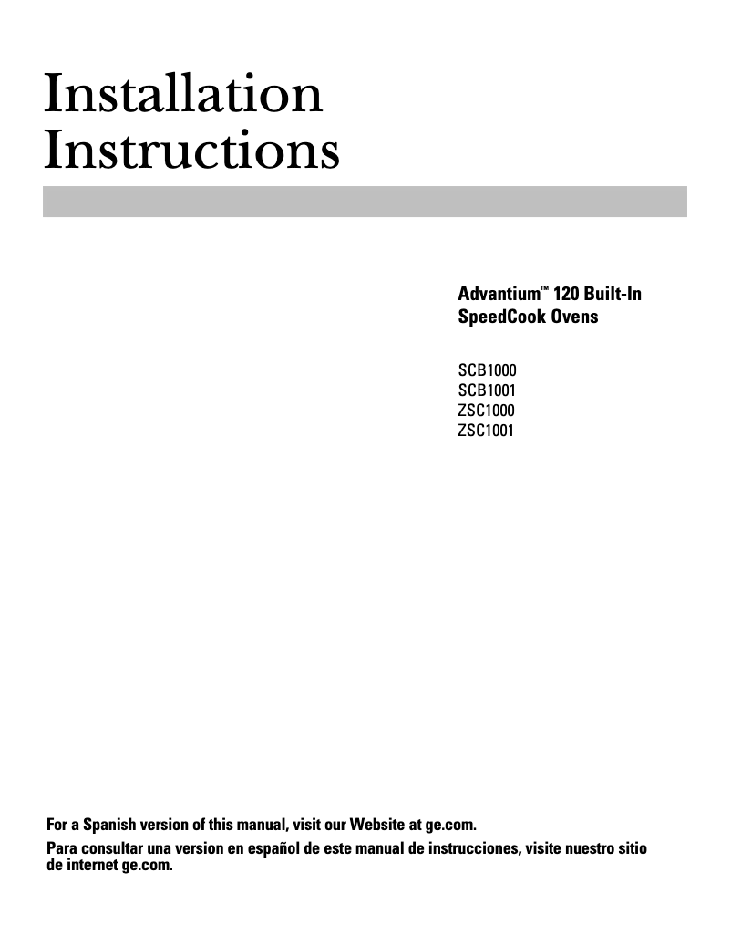 Page n°1 - Guide d'installation GE ZSC1000KBB