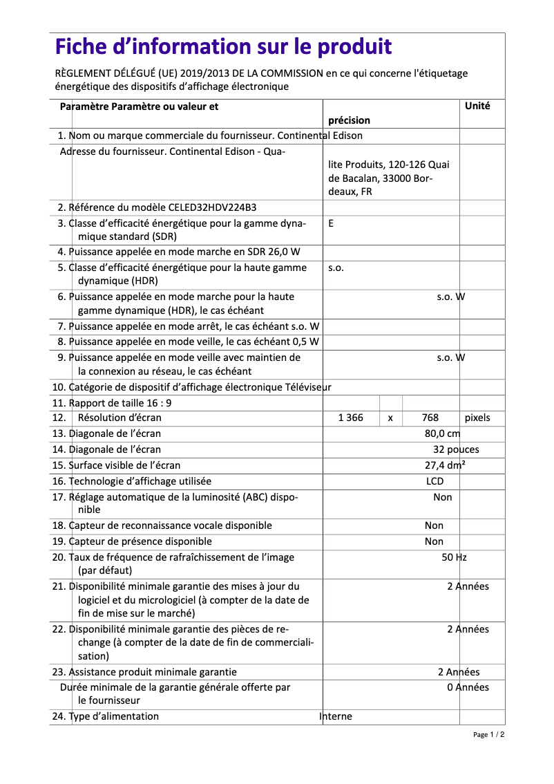 Image de la première page du manuel de l'appareil CELED32HDV224B3