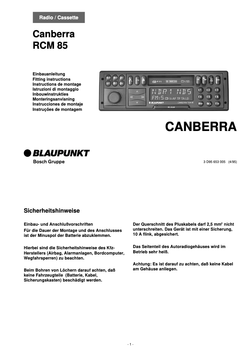 Page 1 de la notice Manuel utilisateur Blaupunkt Canberra RCM 85
