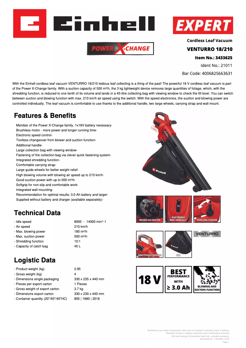 Page n°1 - Fiche technique Einhell VENTURRO 18/210
