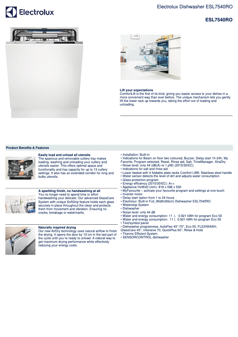 Page 1 de la notice Fiche technique Electrolux ESL7540RO