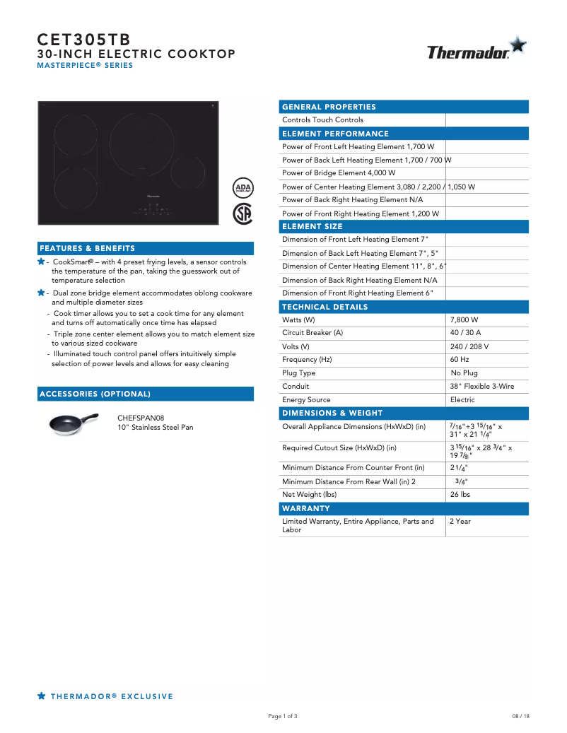 Page 1 de la notice Fiche technique Thermador CET305TB