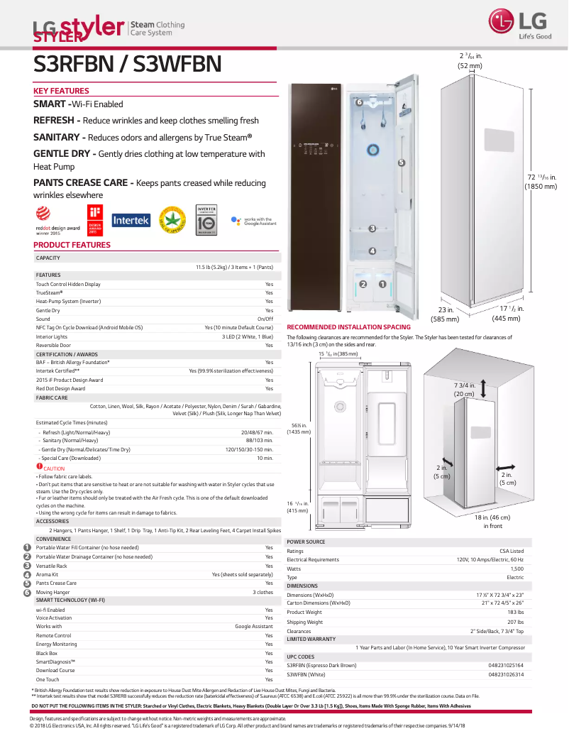 Page n°1 - Fiche technique LG S3WFBN