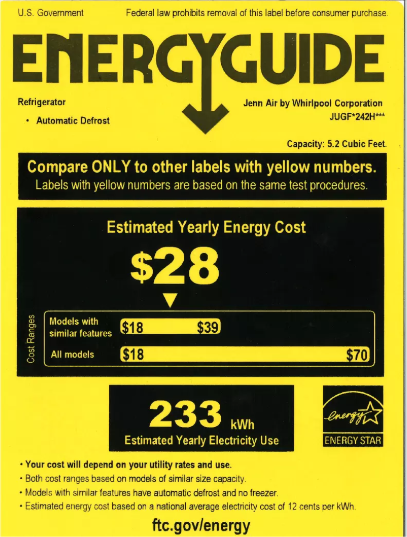 Page n°1 - Label énergétique JennAir JUGFL242HL