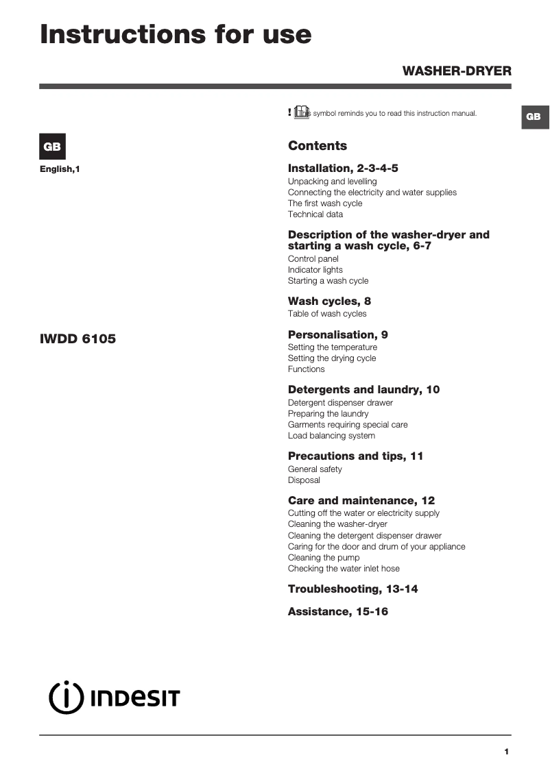 Page 1 de la notice Manuel utilisateur Indesit IWDD 6105 B ECO