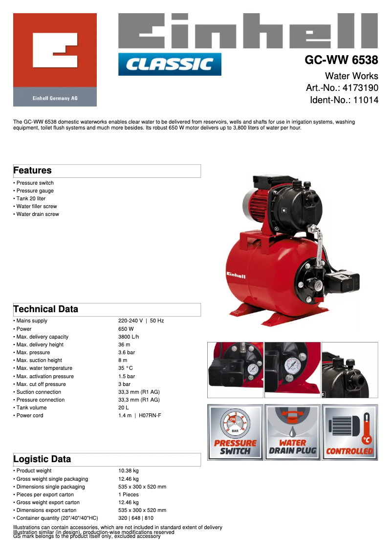 Page n°1 - Fiche technique Einhell GC-WW 6538