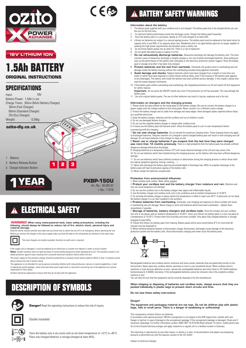 Page 1 de la notice Manuel utilisateur Ozito PXBC-001U