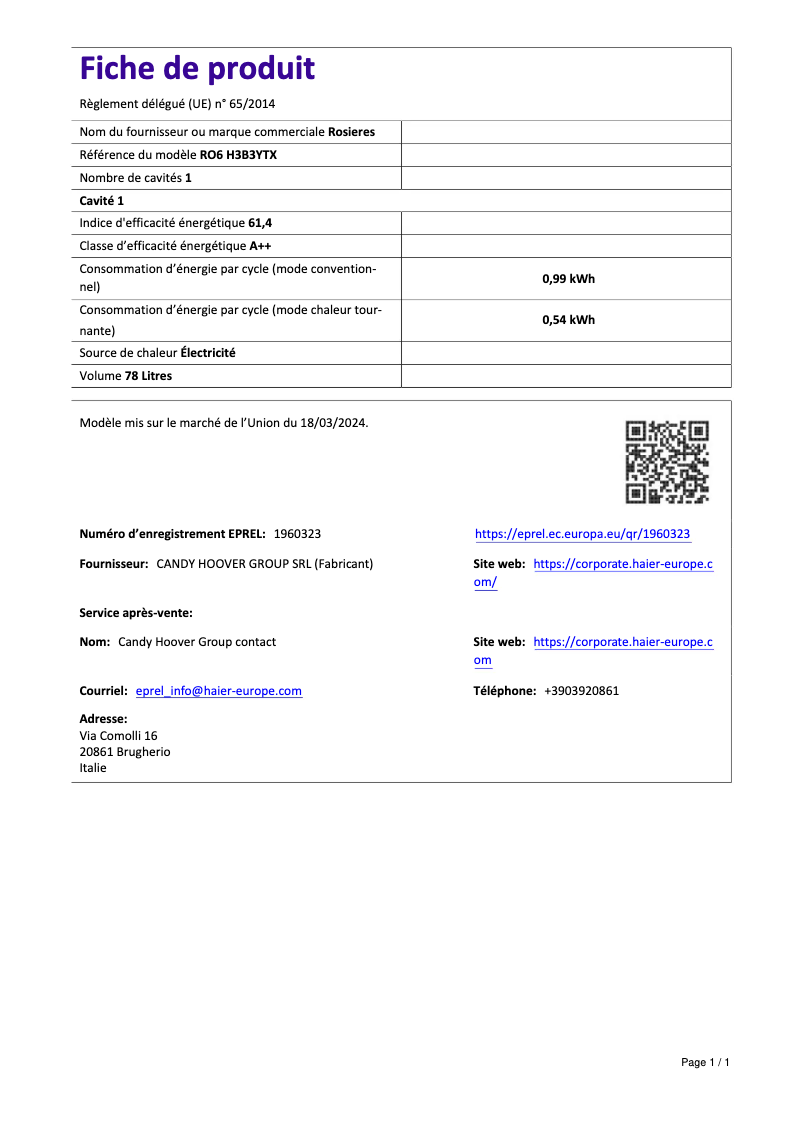 Page n°1 - Fiche technique Rosieres RO6 H3B3YTX