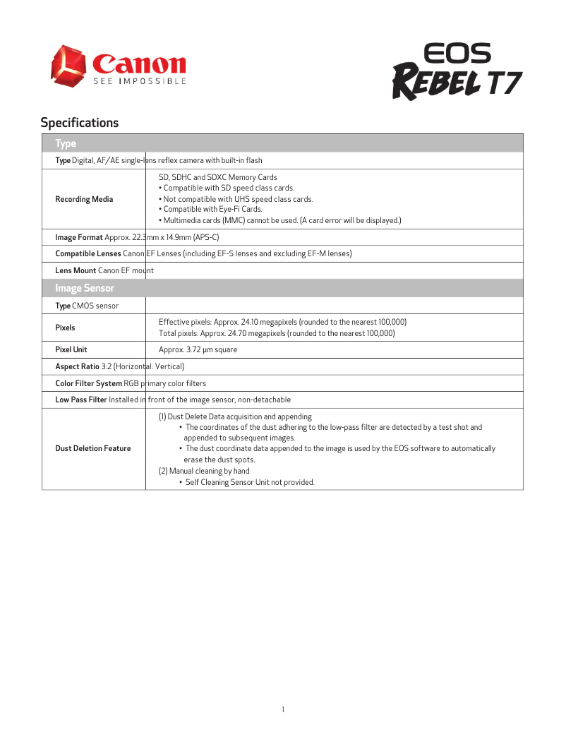 Page 1 de la notice Fiche technique Canon EOS Rebel T7