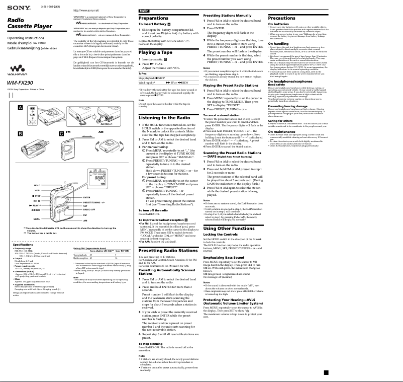 Page 1 de la notice Manuel utilisateur Sony WM-FX290