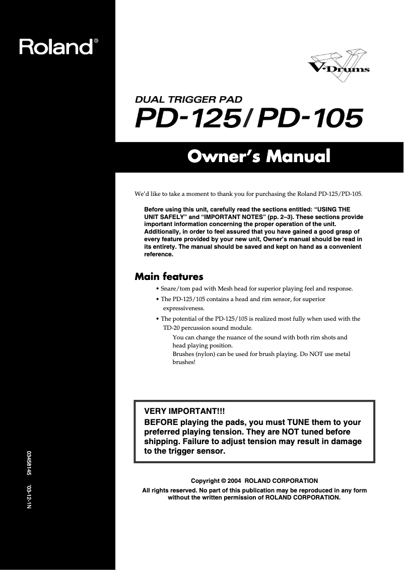 Page n°1 - Manuel utilisateur Roland PD-125