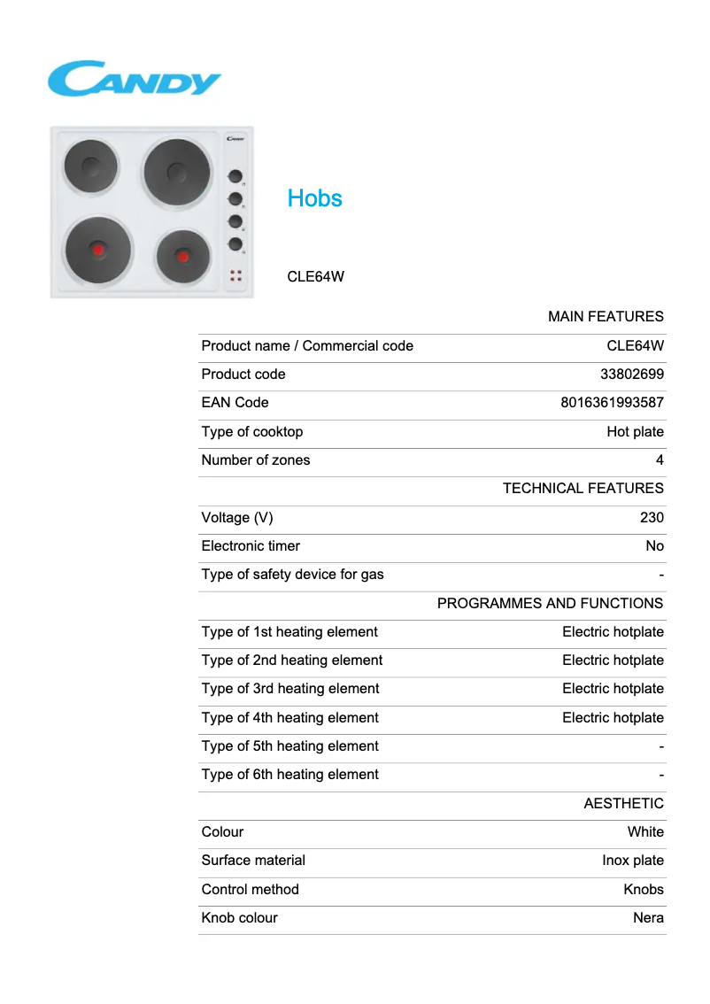 Page 1 de la notice Fiche technique Candy CLE64W