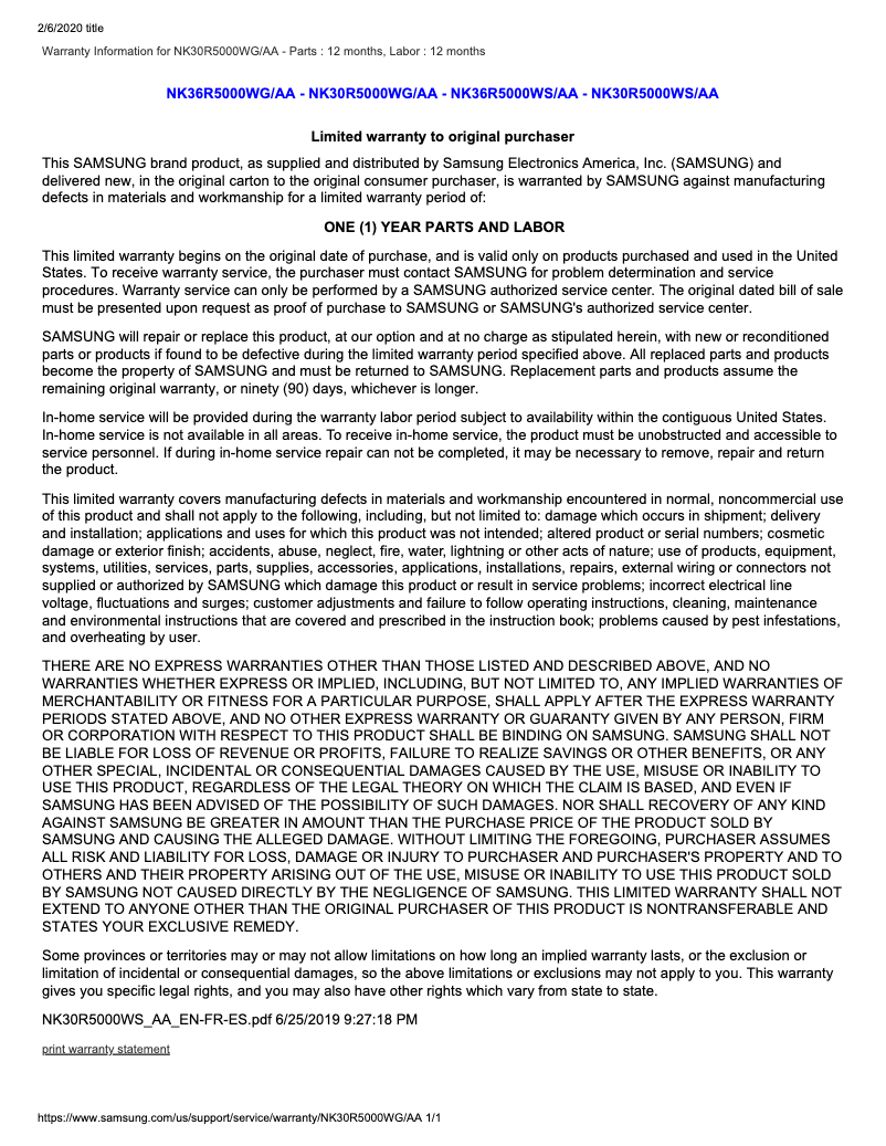 Page 1 de la notice Informations de garantie Samsung NK30R5000WG