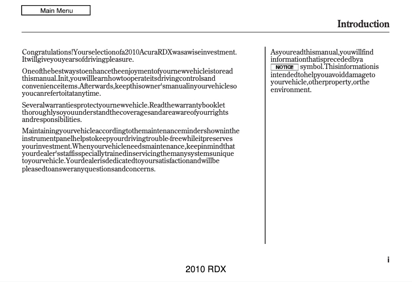 Page n°1 - Manuel utilisateur Acura RDX (2010)