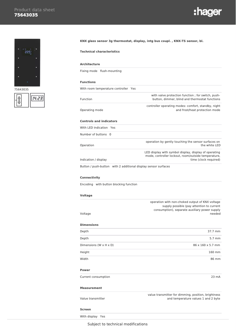 Page n°1 - Fiche technique Hager 75643035