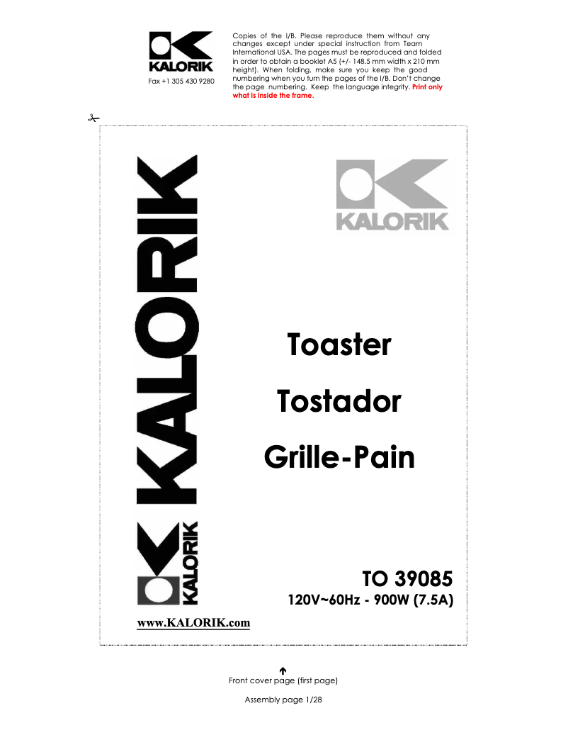 Page 1 de la notice Manuel utilisateur Kalorik TO-39085