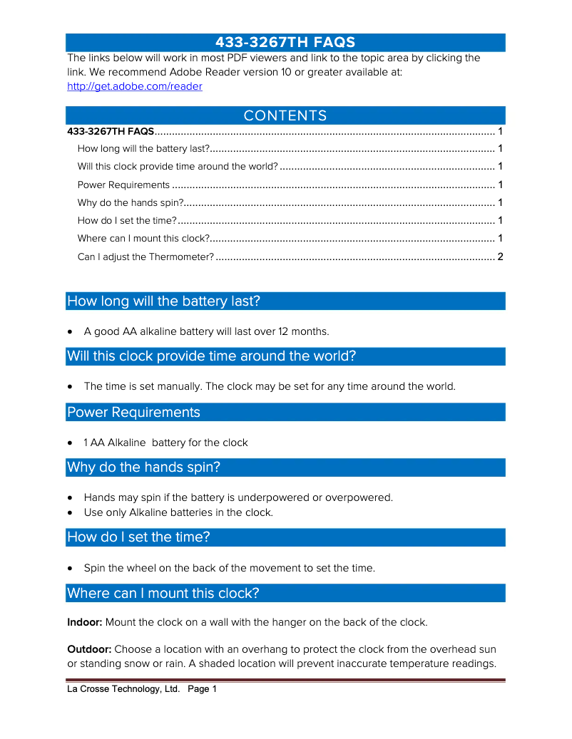 Page 1 de la notice FAQ La Crosse Technology 433-3267TH