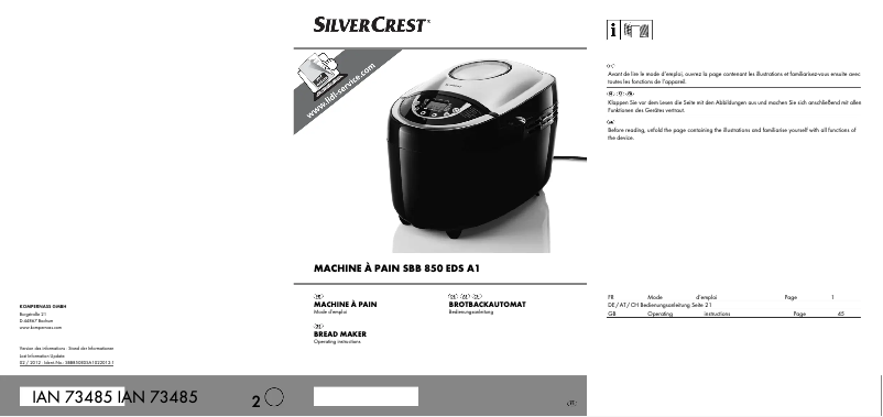 Page 1 de la notice Manuel utilisateur SilverCrest SBB 850 F2