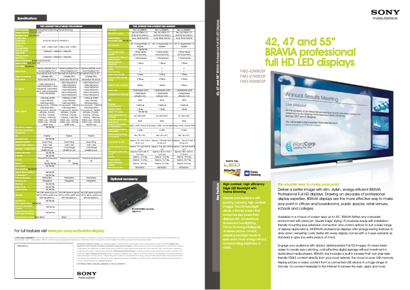 Page 1 de la notice Manuel utilisateur Sony FWD-47W800P