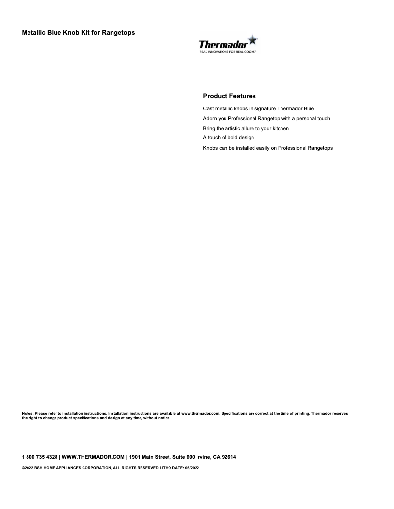 Página 1 del manual Ficha técnica Thermador PAKNOBLUWR