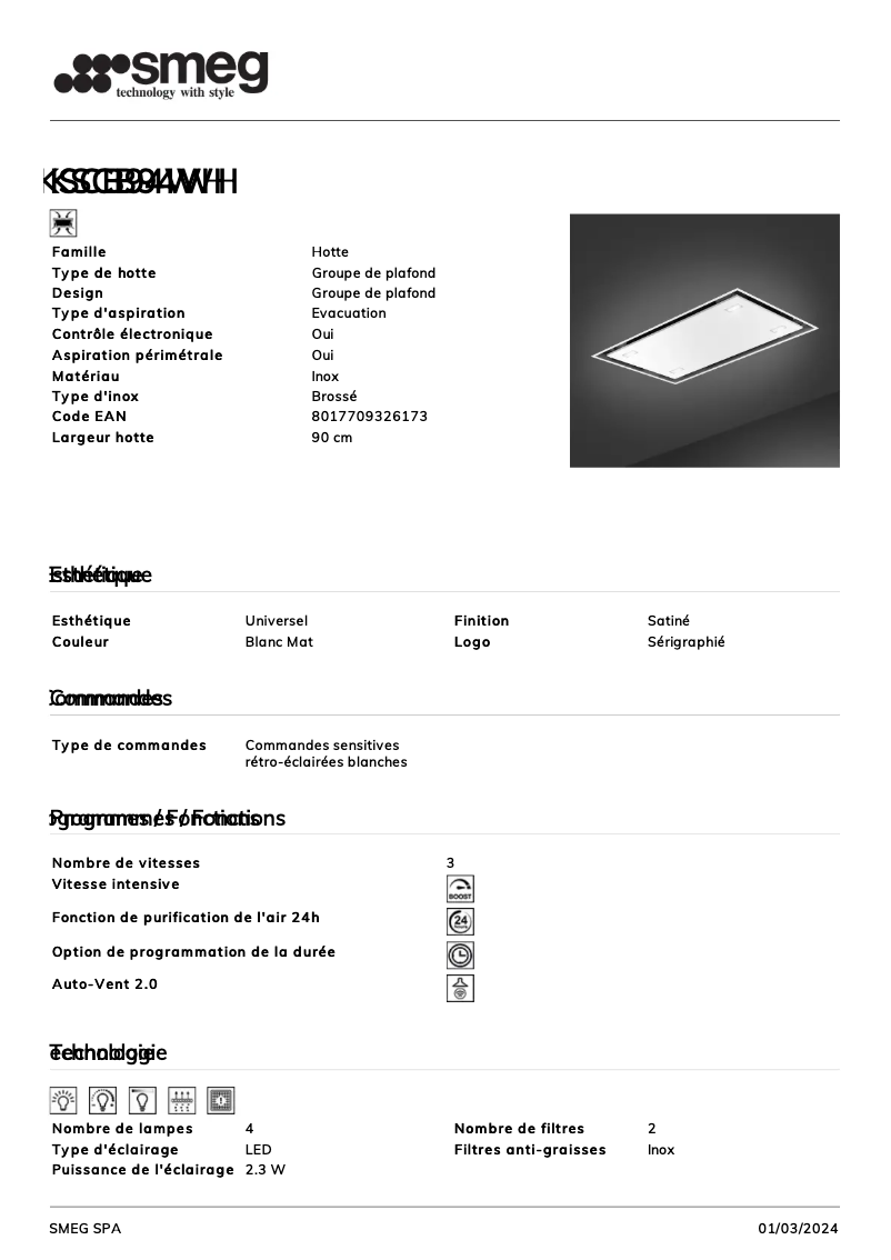 Page 1 de la notice Fiche technique Smeg KSCB94WH