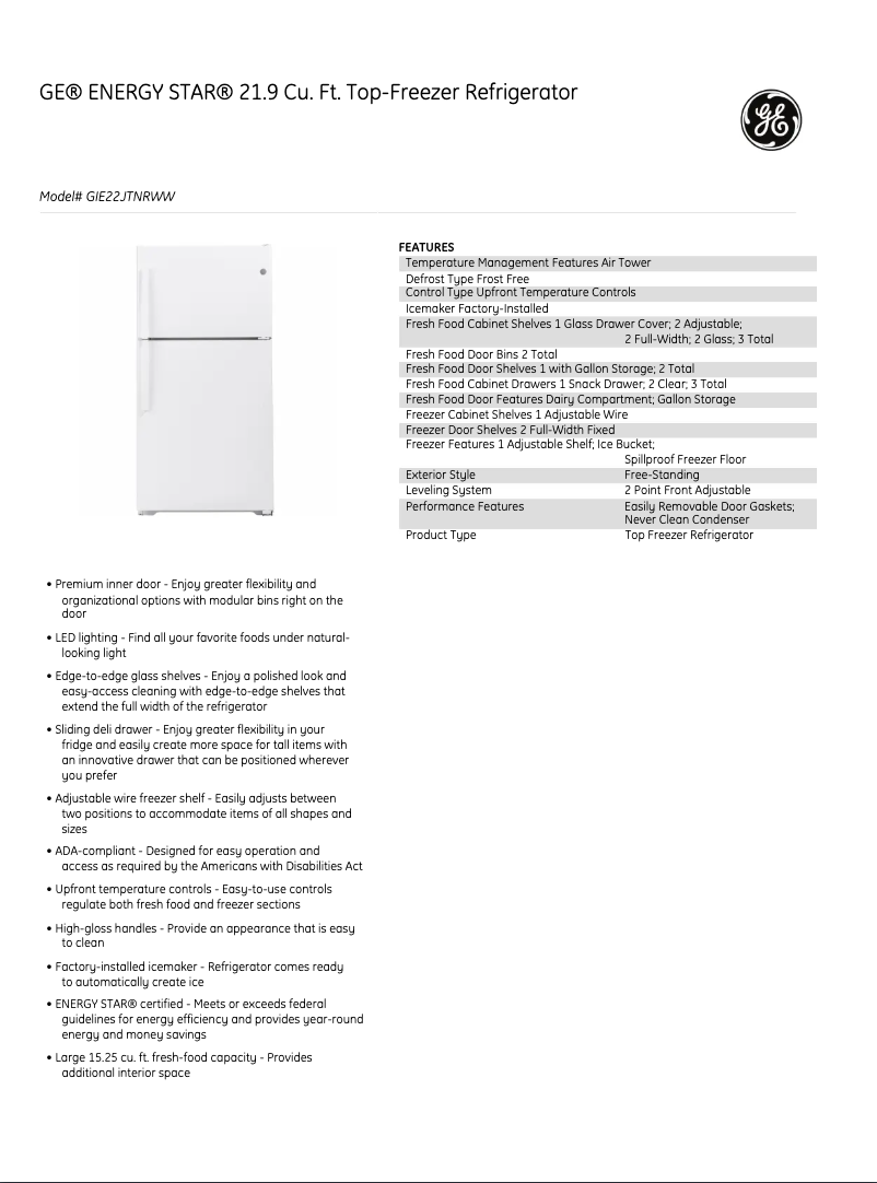 Page 1 de la notice Fiche technique GE GIE22JTNRWW