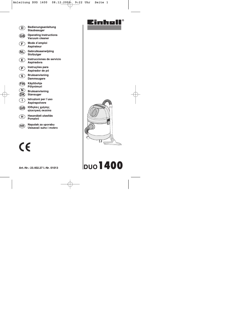 Page 1 de la notice Manuel utilisateur Einhell DUO 1400