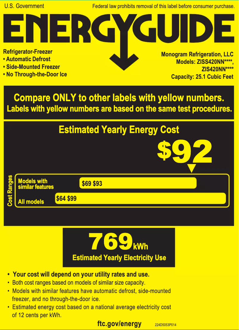 Page 1 de la notice Label énergétique Monogram ZIS420NNII
