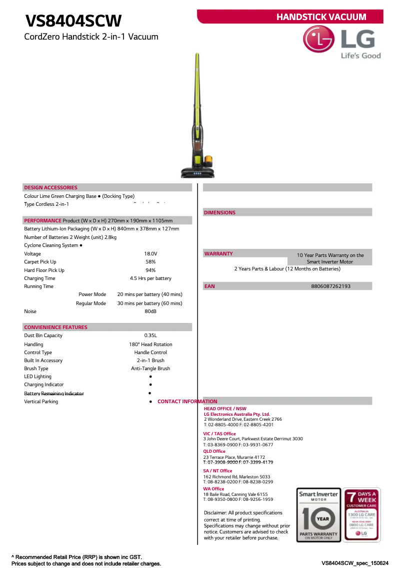 Page 1 de la notice Fiche technique LG VS8404SCW