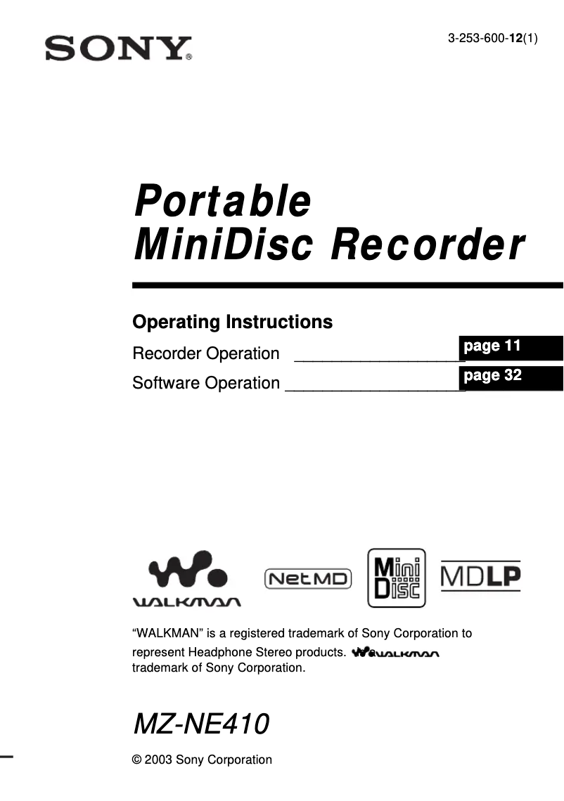 Page 1 de la notice Manuel utilisateur Sony MZ-NE410